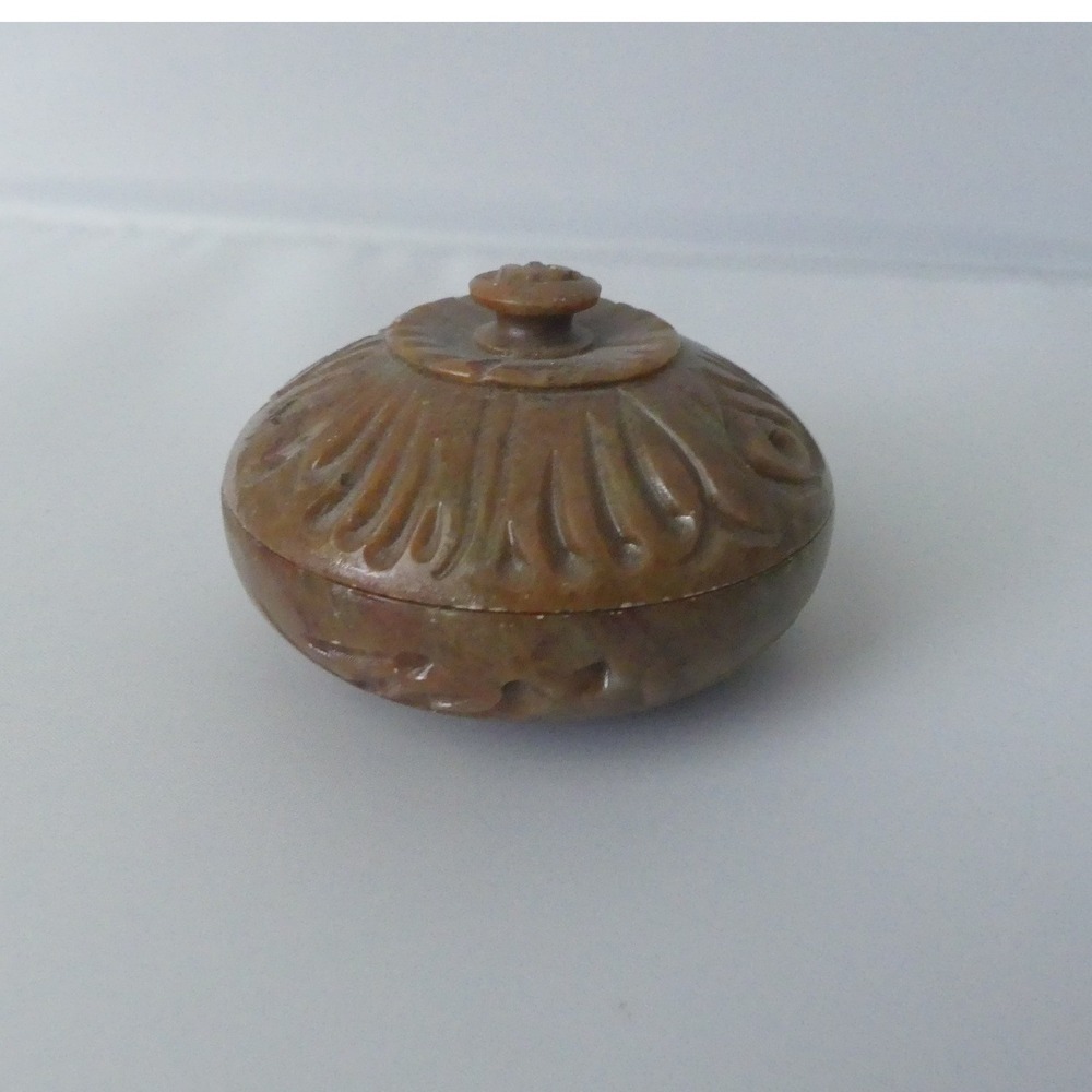 Vintage‎ Small Hand Carved Stone Trinket Box Round Jewelry Dish Earthy